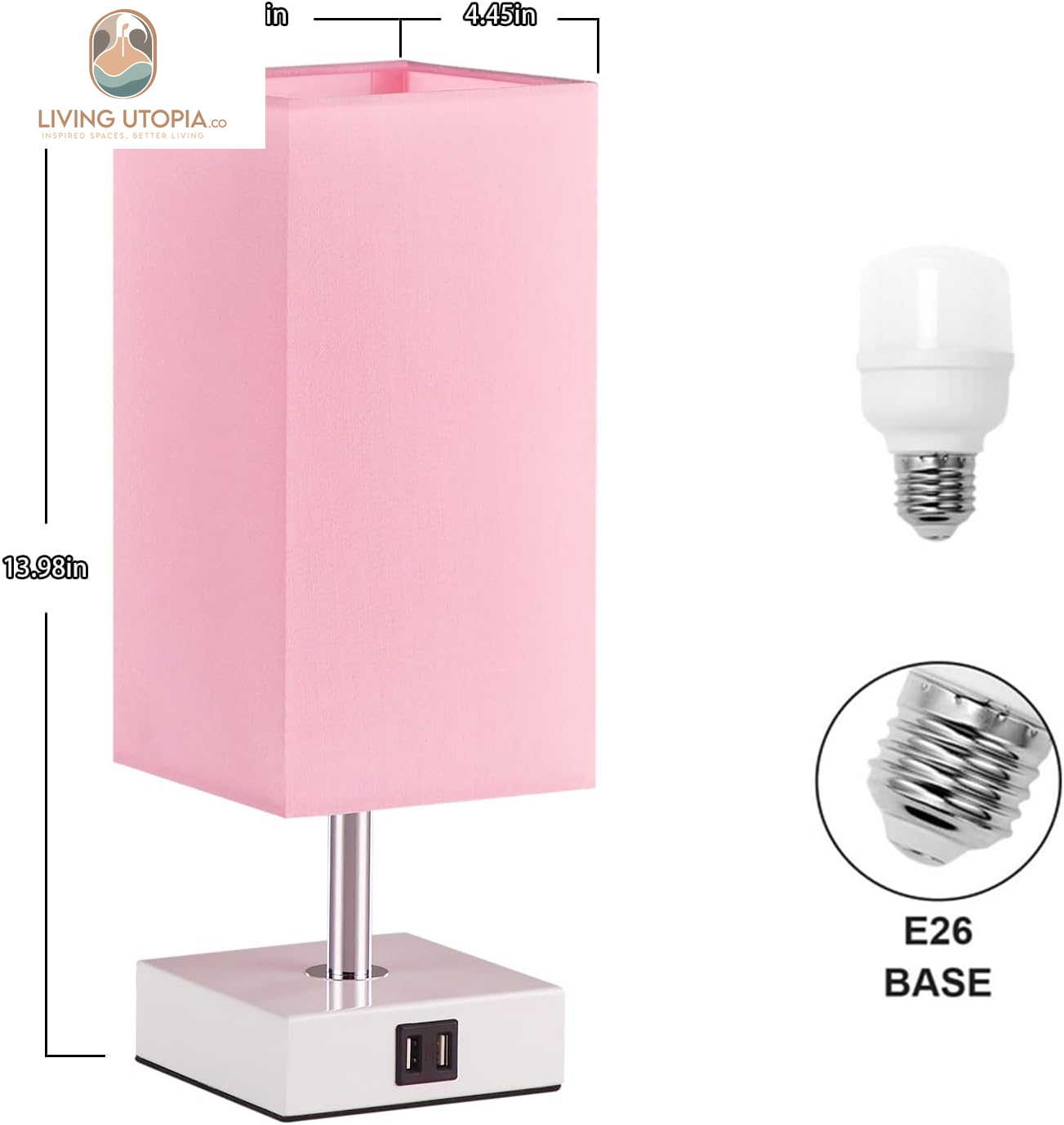 Touch Control Table Lamp with 2 USB Charging Ports, 3 Way Touch Lamps beside Desk, Nightstand Lamp for Bedrooms Living Room, Pink Shade with White Base, LED Bulb Included(Pink)