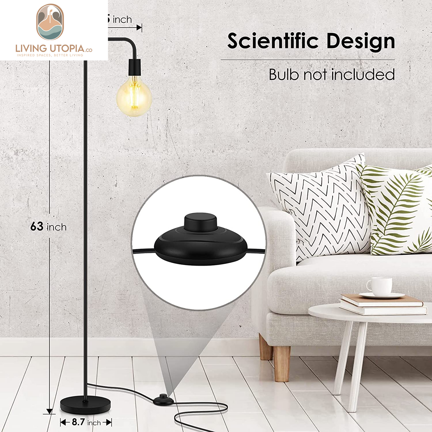 Floor Lamp, Industrial Floor Lamp, 63 Inch Standing Lamp, E26 Socket, On/Off Footswitch, Whole Metal, ETL Listed, Modern Floor Lamp for Bedroom, Living Room, Minimalist, Vintage, Mid Century