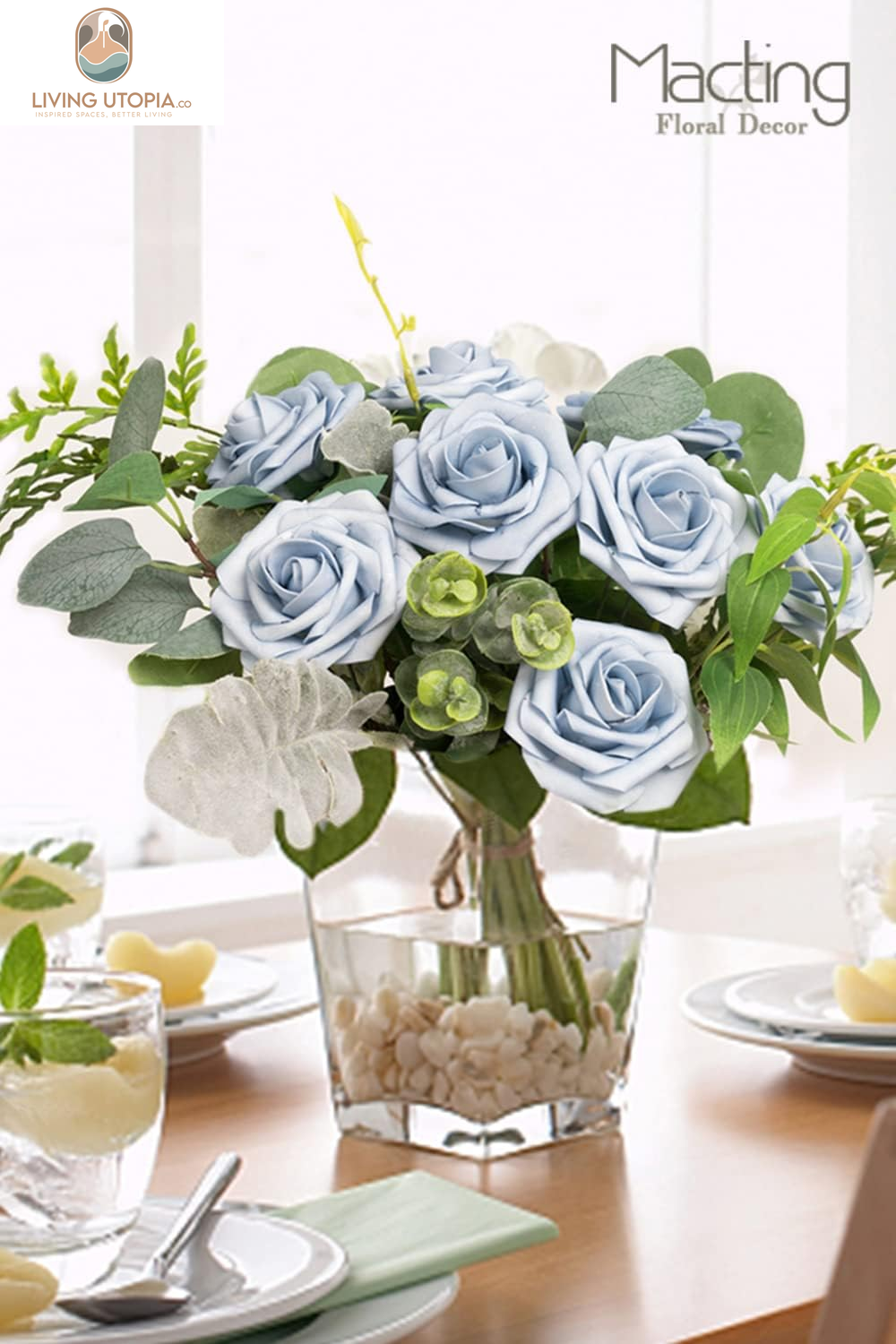 Artificial Rose Flowers 30PCS Fake Flowers with Stem Real Touch Foam Roses for DIY Wedding Bouquet Table Centerpieces Arrangements Party Baby Shower Home Spring Decorations(Dusty Blue)