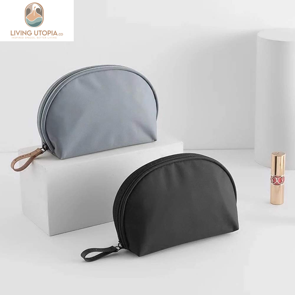 Half Moon Cosmetic Beauty Bag for Purse Travel Handy Makeup Pouch for Women Girls (Grey-Blue)