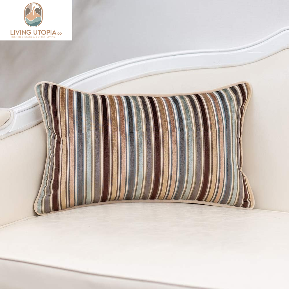Brown Striped Throw Pillow Cover Multicolor Velvet Cushion Cover Zippered Rectangular Pillowcase for Sofa Couch Bedroom Living Room Home Decoration, 12X20 Inch
