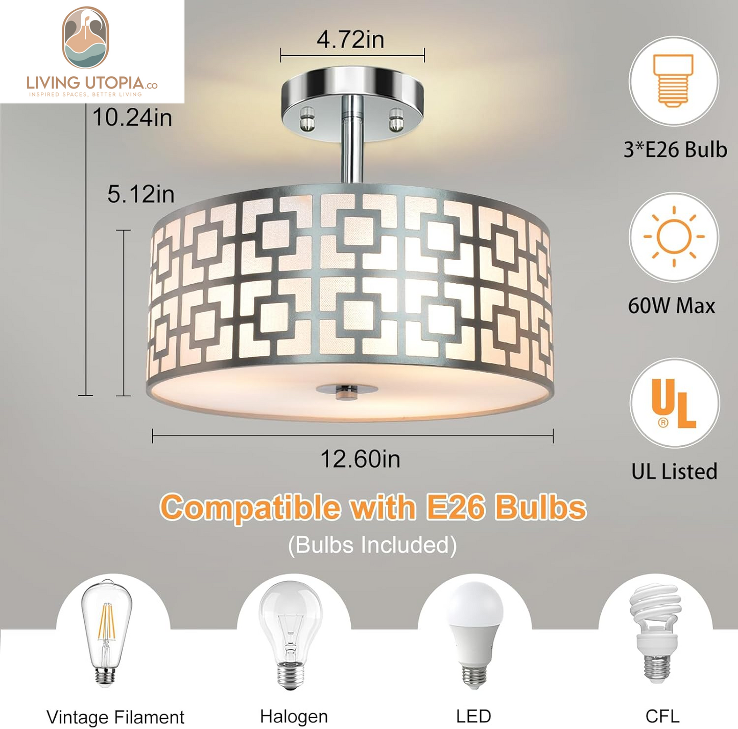 DLLT Flush Mount Ceiling Light: Modern 3-Light Brushed Nickel Kitchen Light Fixture - Drum Lighting Fixture for Dining Room - Silver Bedroom Ceiling Lamp with Double Shade