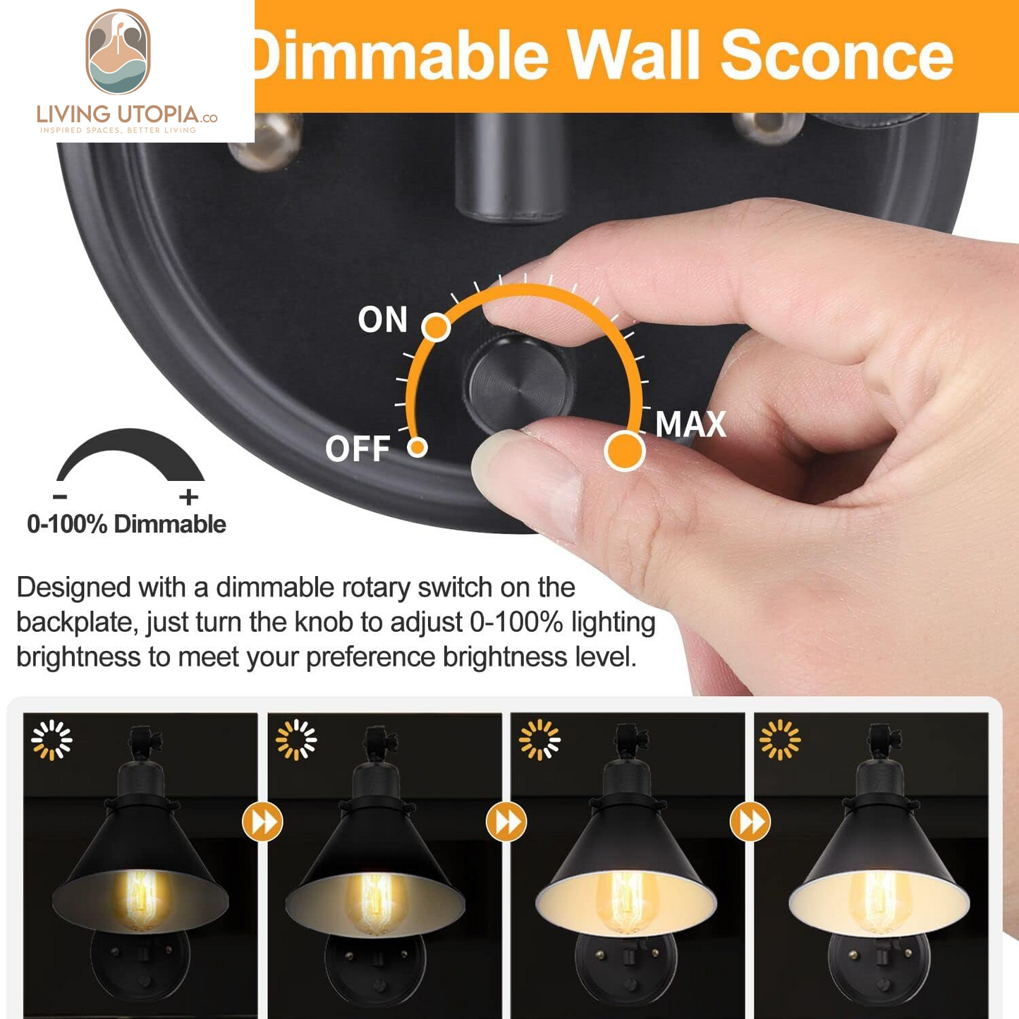Wall Sconce Plug In, Dimmable Wall Sconce Wall Lights with Plug in Cord and Dimmer On/Off Knob Switch, Swing Arm Wall Light for Bedside Bedroom Stairway Living Room(1 Pack, 1 Bulb Included)