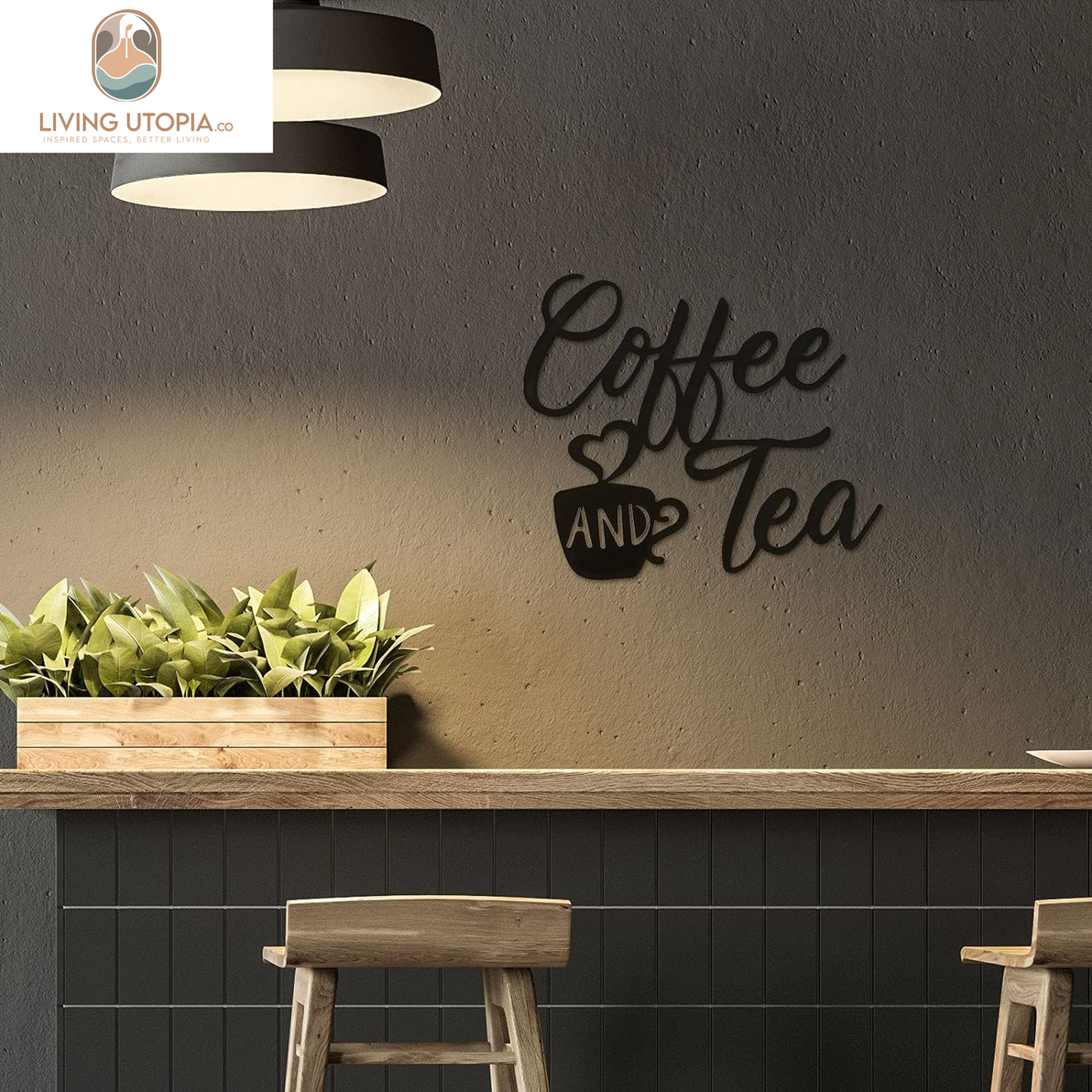 Coffee Sign Metal Hanging Wall Art 12 X 10.2 Inch Black Wall Decor Cafe Bar Letter Sign for Cafe Farmhouse Kitchen(Coffee and Tea)