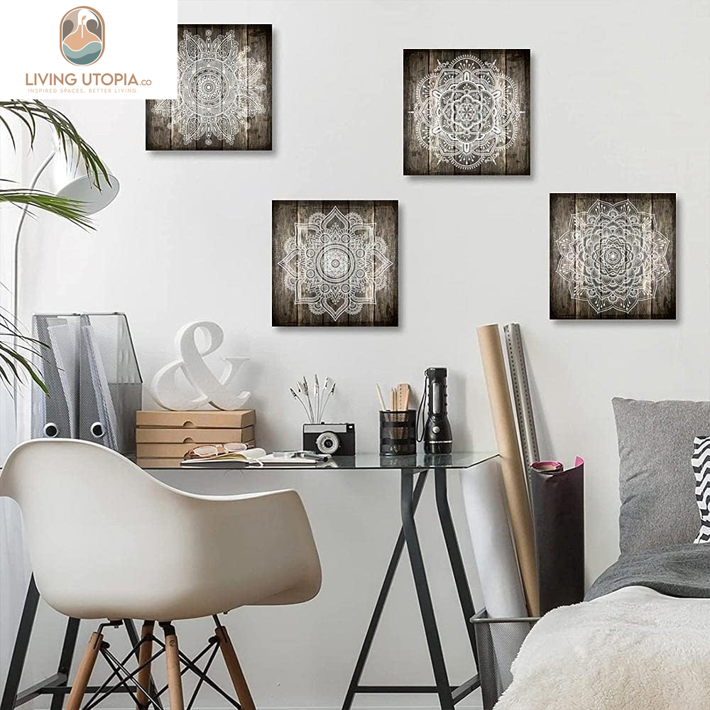 Canvas Wall Art for Bedroom Wall Decor for Living Room Black and White Abstract Paintings Modern 4 Piece Framed Retro Pattern Canvas Art Bathroom Prints Ready to Hang Pictures for Home Decorations