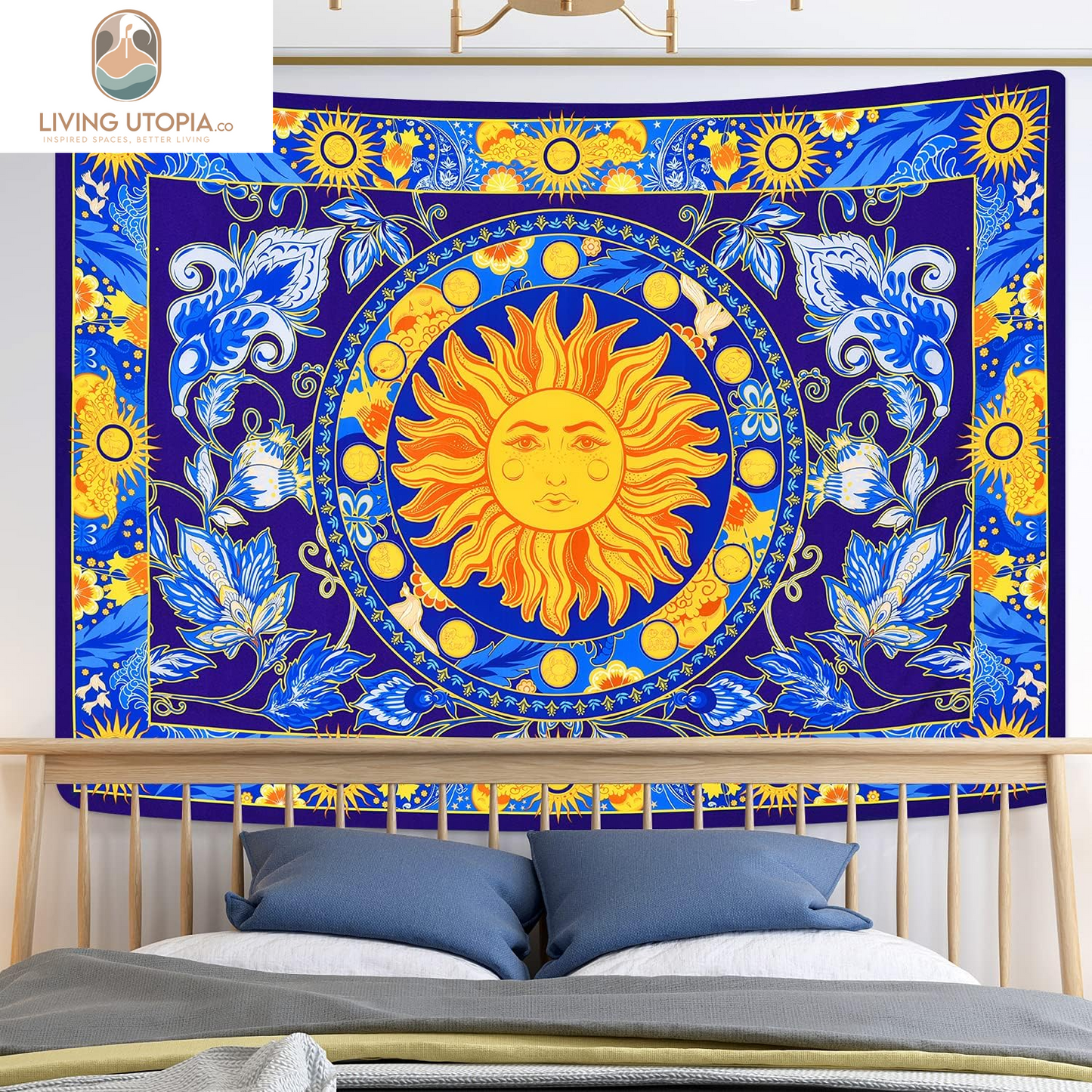 Burning Sun Tapestry Flower Vines Tapestries Vintage Floral Tapestry Mystic Tapestry Hippie Tapestry Wall Hanging for Room(Blue, 51.2 X 59.1 Inches)