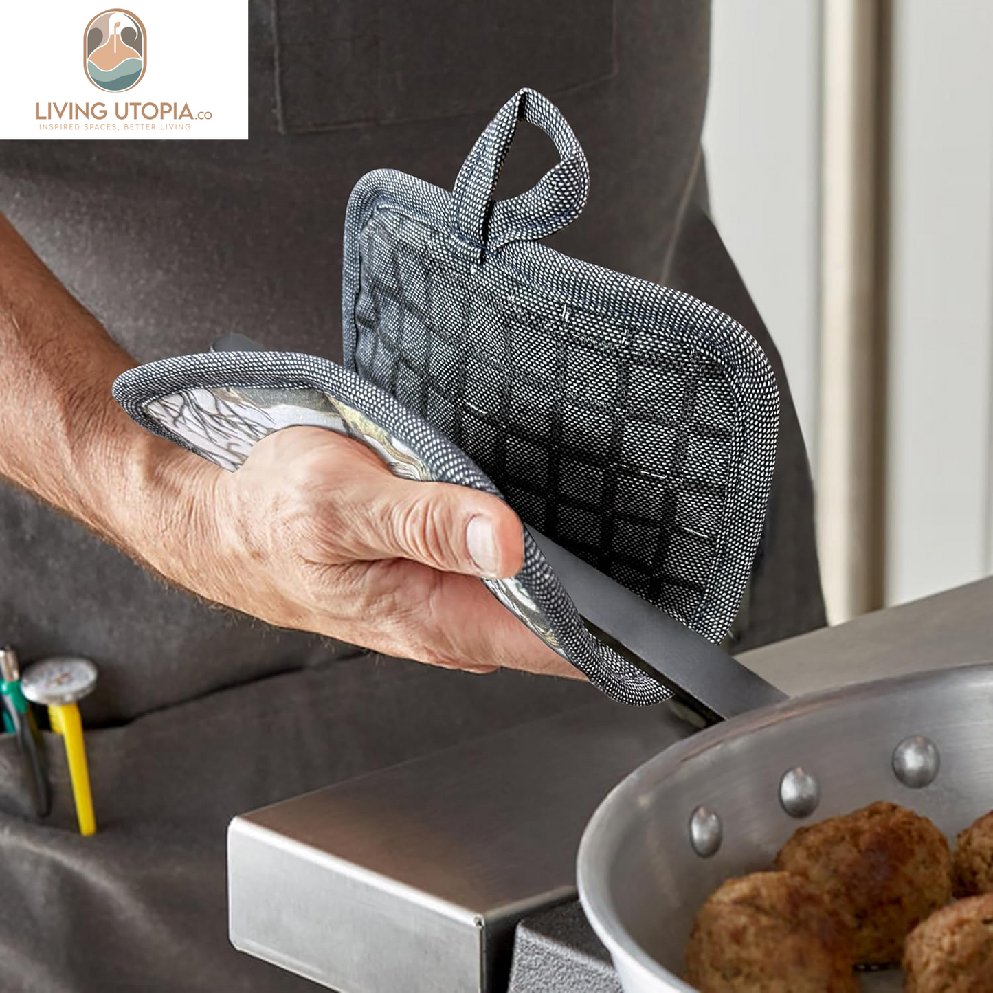 Pot Holders Set of 3 Silicone Printing Non Slip Heat Resistant, Yarm-Dyed Hot Pads Cotton Home Kitchen Cooking Barbecue Microwave Women Men Machine Washable BBQ Grilling. (Gray Potholders)