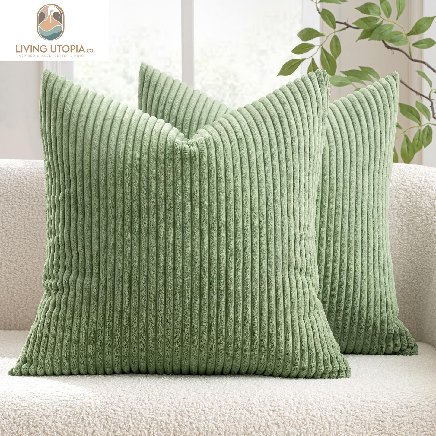 Pack of 2 Sage Green Corduroy Soft Soild Decorative Square Throw Pillow Covers Set Cushion Cases Pillowcases for Spring Sofa Bedroom Couch 18 X 18 Inch