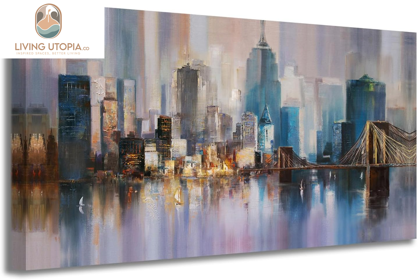 Cityscape Canvas Wall Art Abstract Skyline New York City Painting Prints, Modern Grey Brooklyn Bridge Colorful NYC Picture Framed for Bedroom Living Room Home Office Wall Decor, Large 48"X24"