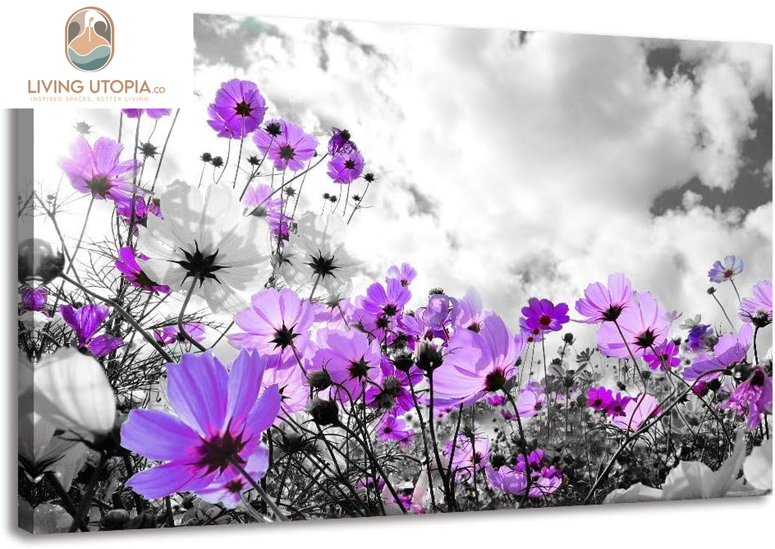 Canvas Wall Art Modern Purple Flowers Decor Black and White Framed Galsang Floral Print Poster Hanging Artwork Ready to Hang for Bedroom Living Room Bathroom Home Office Decoration 36L X 24W