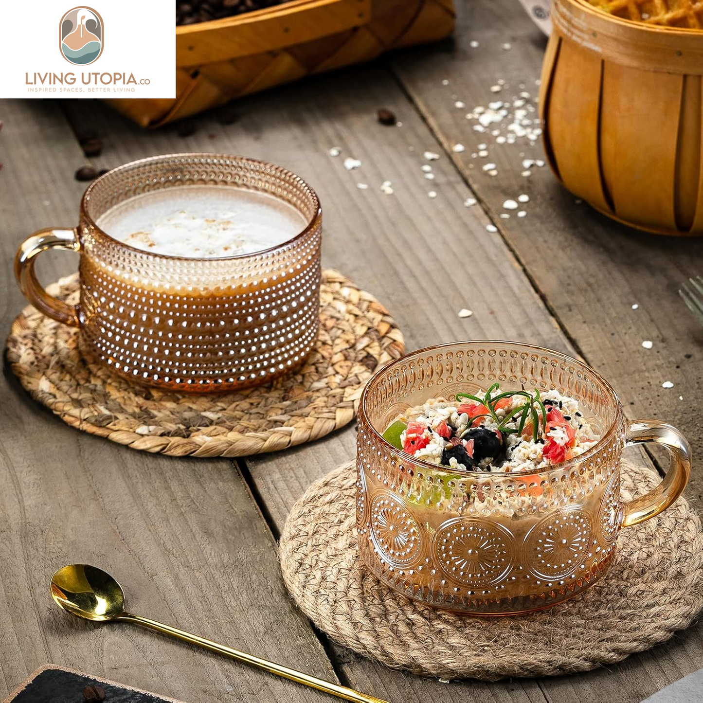 Vintage Coffee Mugs 14 Oz Set of 2 Amber Embossed Glass Tea Cups for Cappccino, Latte,Cereal, Yogurt, Beverage Christmas Thanksgiving Day Gifts
