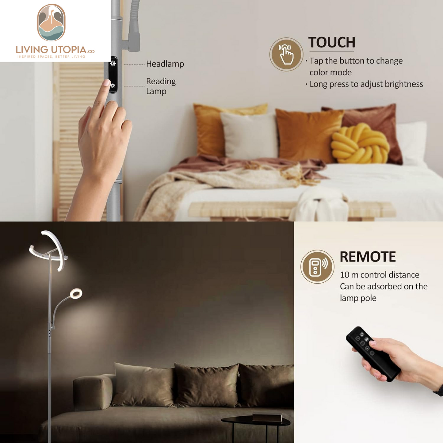 Split Floor Lamp with Reading Light, Modern Bright LED Rotatable Standing Lamp with Stepless Dimming and 3000K-6000K Color for Living Room Bedroom Office, Touch and Remote Control, Gray