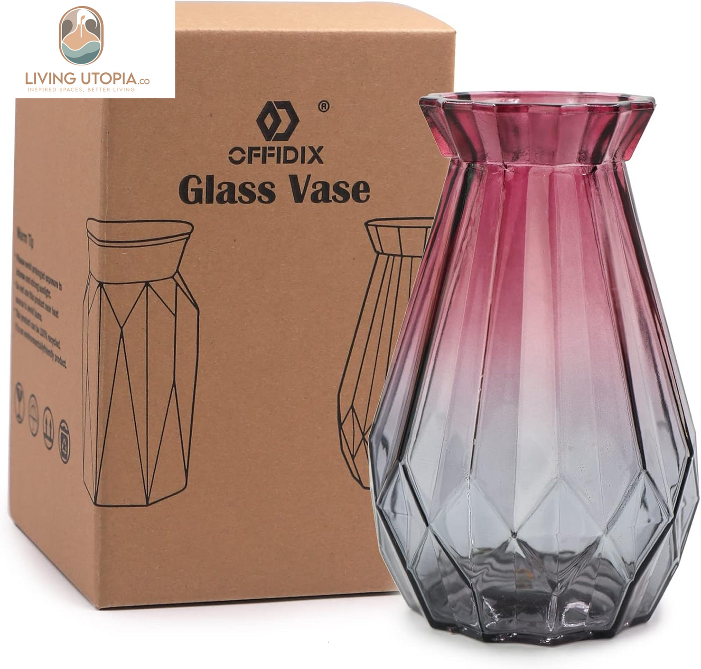 Glass Vase Gradient Multicolor with Geometric Faceted Design Floral Vase for Weddings, Events, Decorating, Arrangements, Flowers, Office, or Home Decor