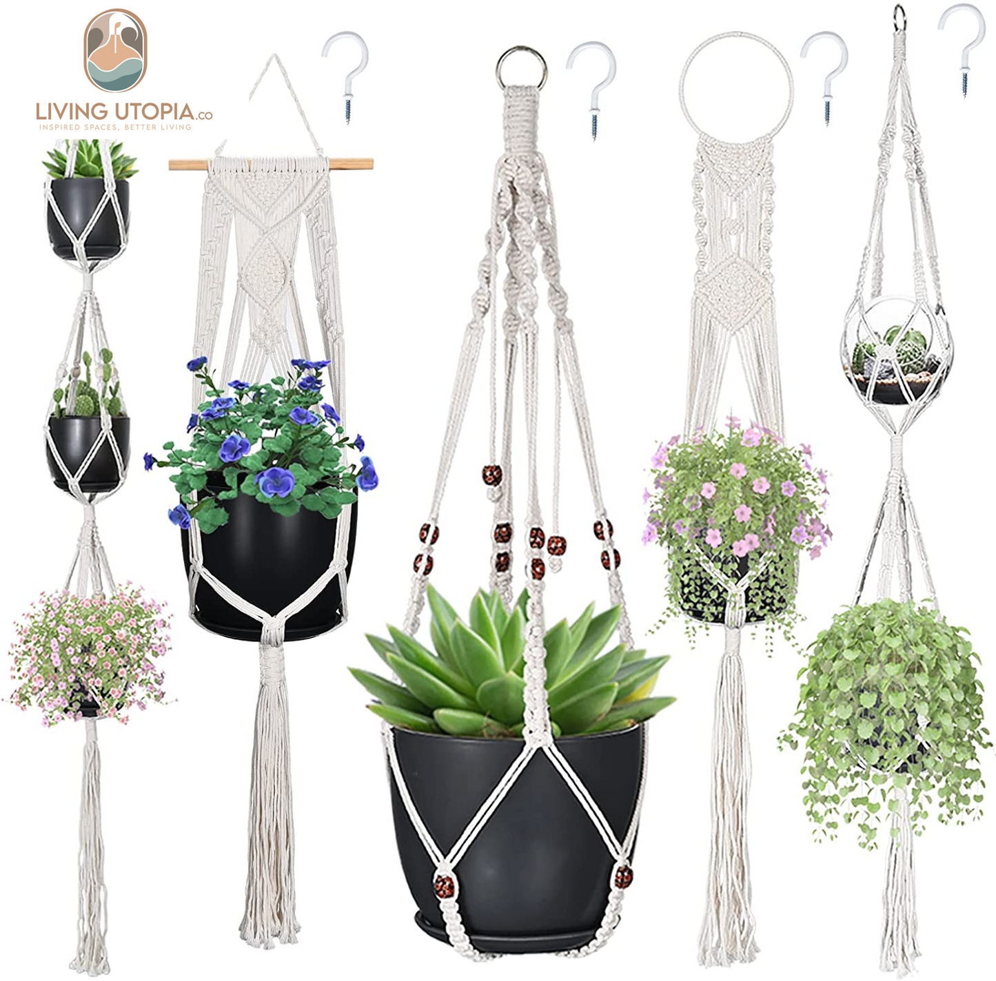 Macrame Plant Hangers, Hanging Planters Set of 5 with 5 Hooks, Hanging Planters for Indoor and Outdoor Plant Décor, Different Tier (5 Sizes) Beige