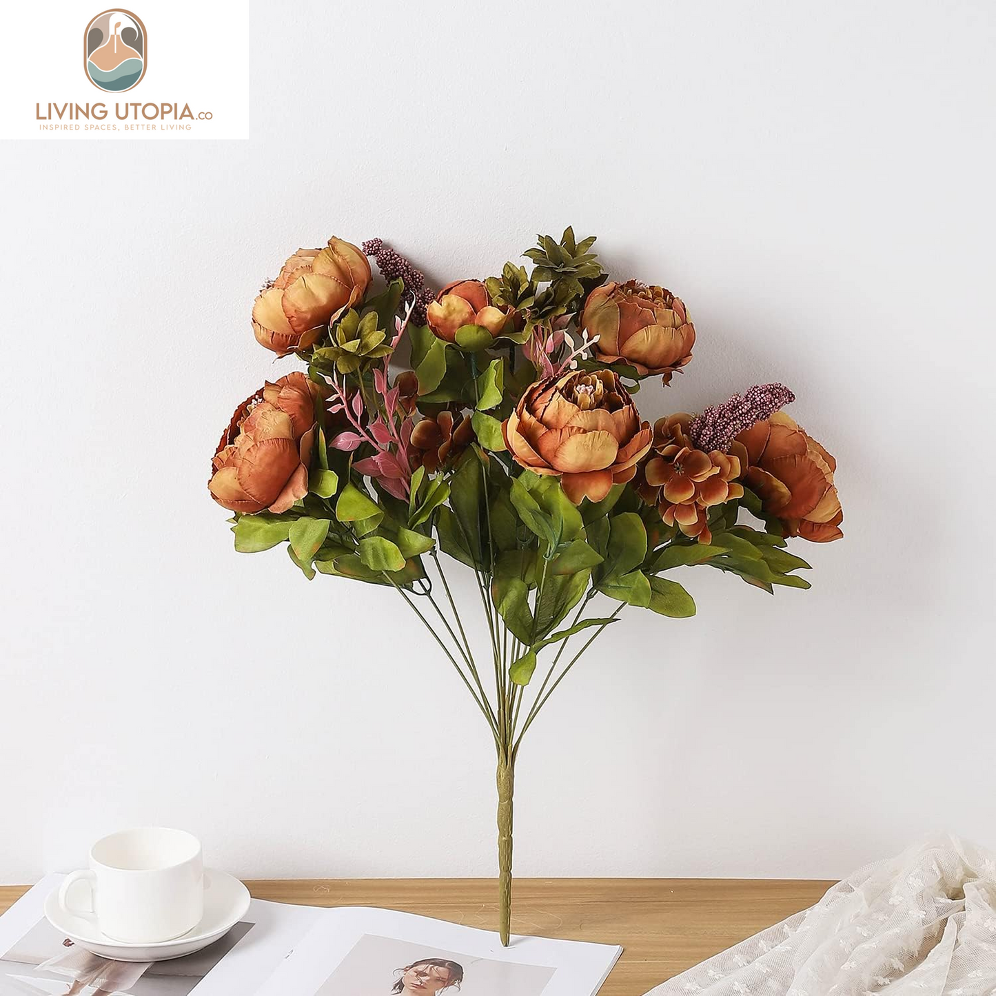 Fake Flowers Vintage Artificial Peony Silk Flowers Wedding Home Decoration,Pack of 1 (Coffee)