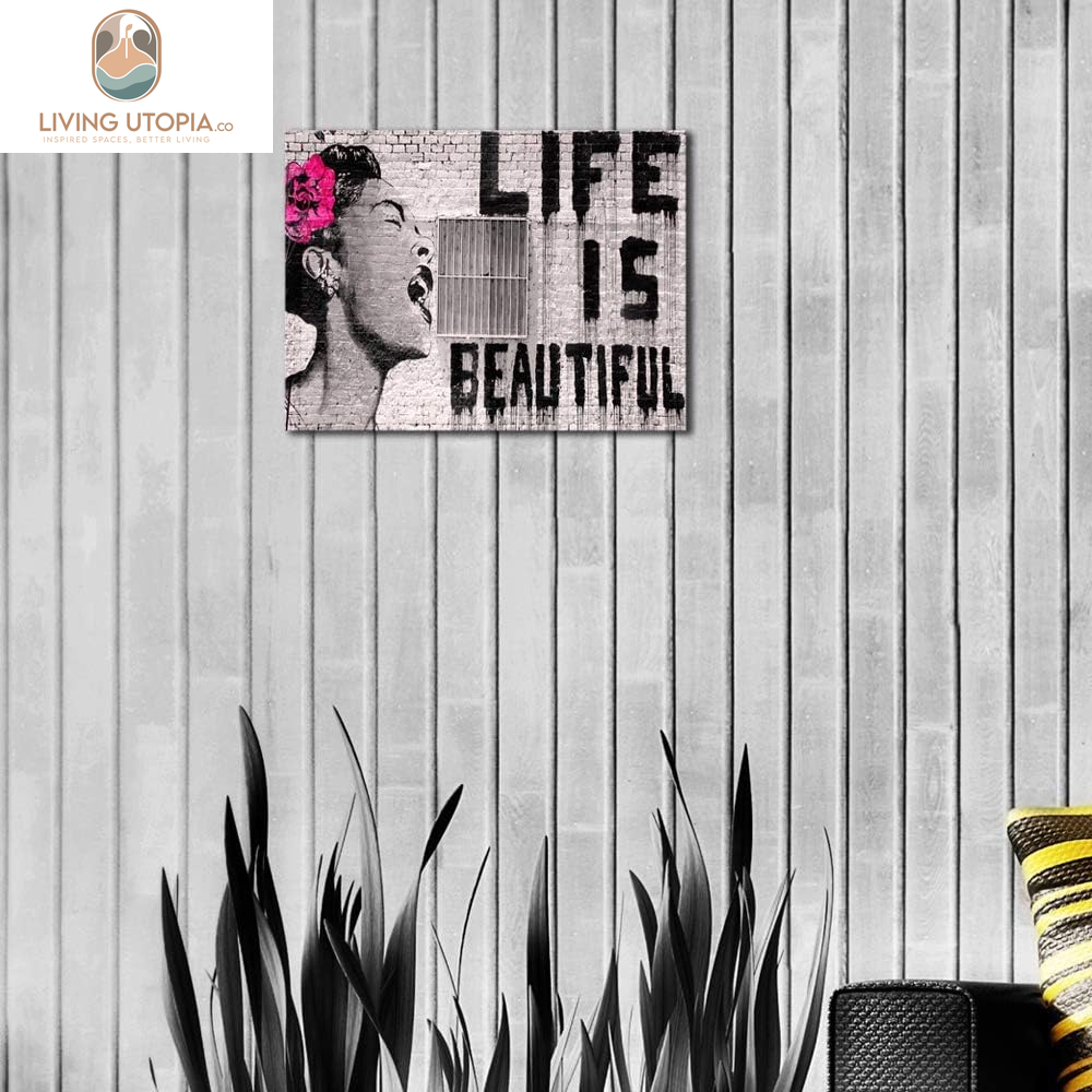 Banksy Life Is Beautiful Modern Gallery Wrapped Giclee Canvas Prints Artwork Grey Love Abstract Pictures Paintings on Canvas Wall Art Ready to Hang for Bedroom Home Office Decorations