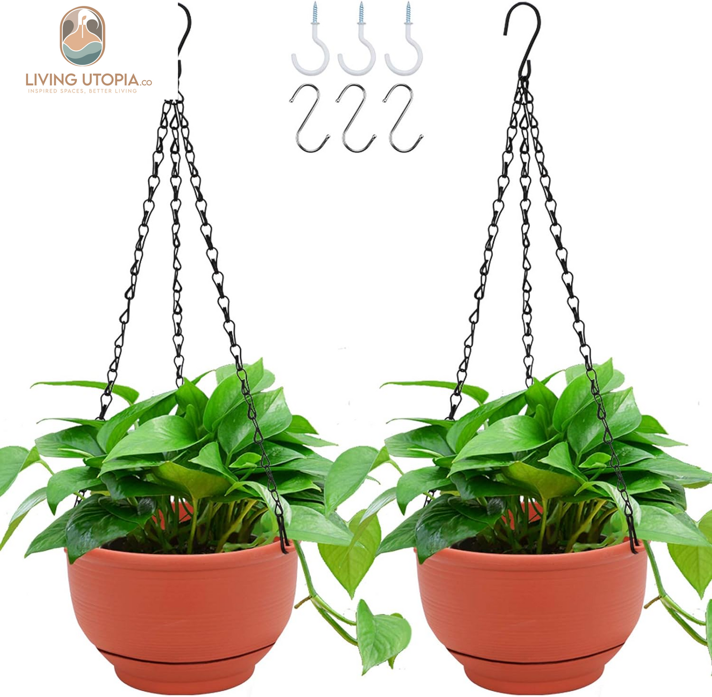 2 Packs 8 Inch Plastic Hanging Planter Pot Self Watering Basket with 6 Pcs Hooks, Indoor Outdoor Plants Flower Pot Detachable Base for Garden Home Decoration (Terracotta Color)