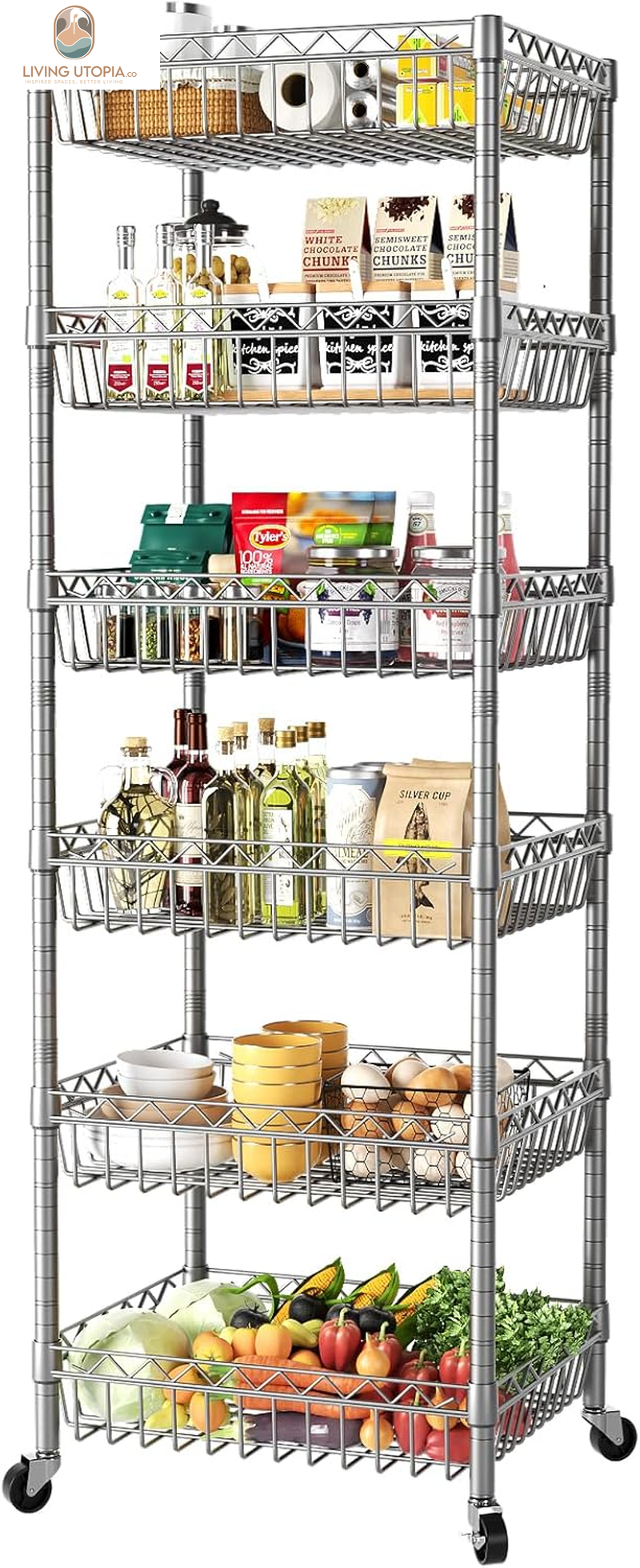 6 Tier Wire Shelving Unit with Baskets Storage Rack Corner Shelves Adjustable Shelf Closet Bathroom Organizers Metal Pantry Kitchen Garage Laundry Room 13.5" D X 13.5" W X 63" H Silver