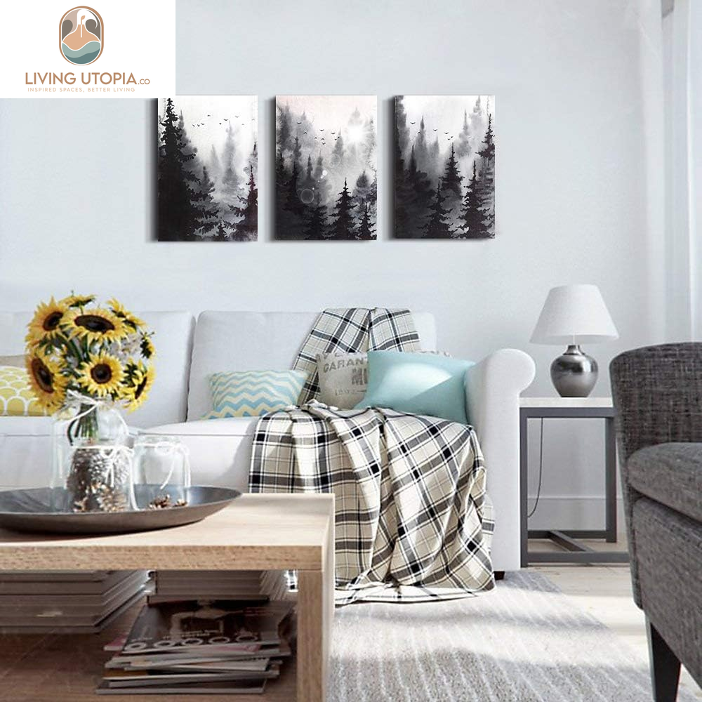 Scenery Watercolor Painting 3 Pieces Canvas Wall Art for Living Room Wall Decor for Bedroom Decorations Modern Office Home Decoration Black and White Forest Landscape Posters Canvas Prints Artwork