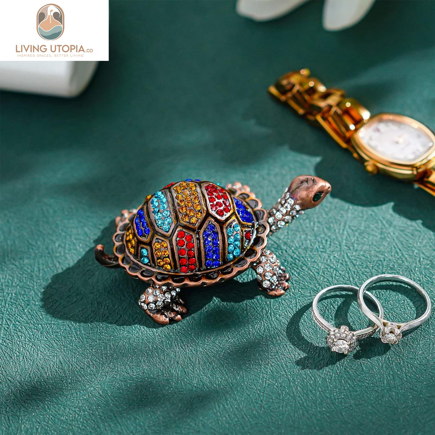 Vintage Turtle Jewelry Trinket Box Hinged,Hand-Painted Sea Animal Figurine Collectible Enamel Sea Turtle Ring Holder Crystal Studded Treasure Keepsake Box (2.5Inch,Colorful)