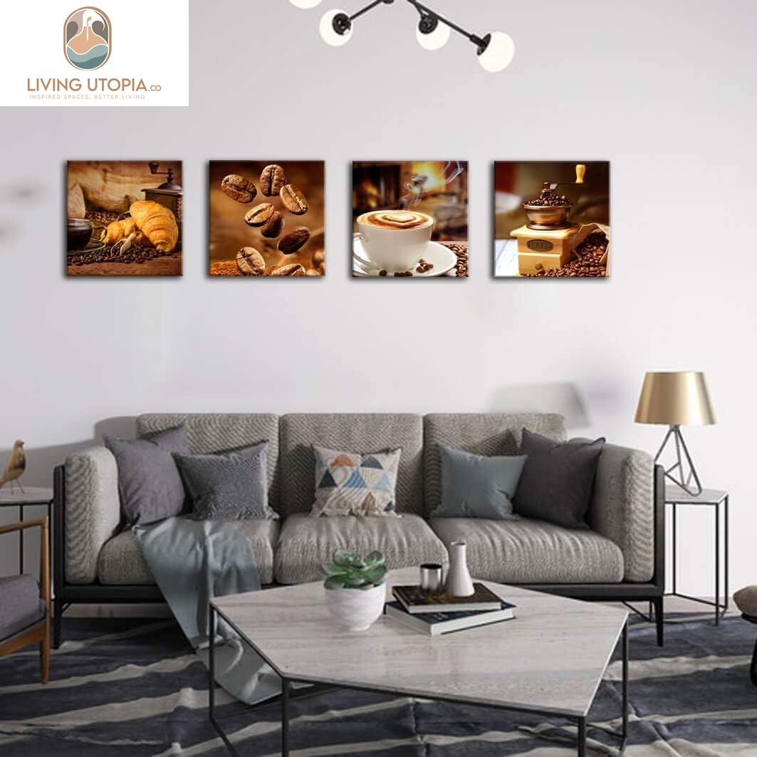 Kitchen Canvas Art Coffee Bean Coffee Cup Canvas Prints Coffee Wall Decor-4 Panels Framed Ready to Hang Coffee Image-Table Dining Room Canvas Wall Art Contemporary Pictures for Dining Home Decoration