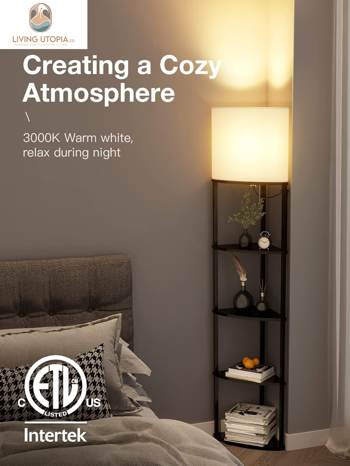 Corner Lamp 5-Tier Shelf Floor Lamp Display with 3 Color Temperatures LED Bulb and Linen Lamp Shade, Shelves for Living Room, Bedroom and Office - Black
