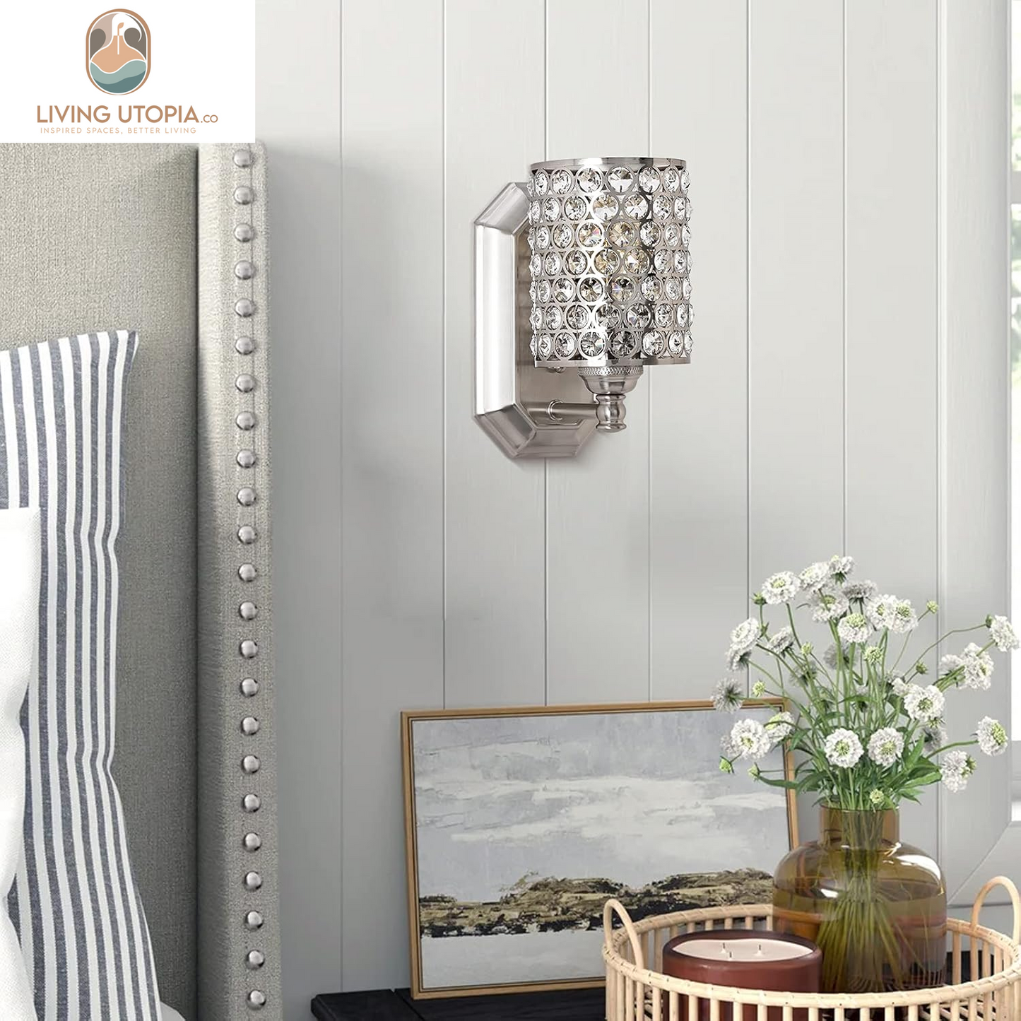 2 Pack 1 Light Crystal Wall Sconce Lighting with Brushed Nickel Finish,Modern Concise Style Wall Light Fixture Polyhedral Crystal Shade for Bathroom, Bedroom Living Room Bedside