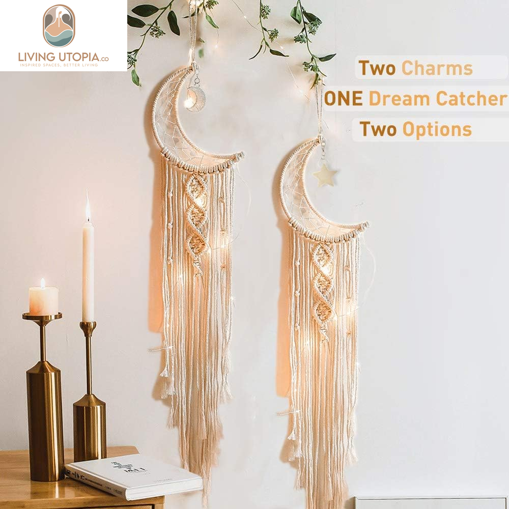 Boho Macrame Woven Wall Hanging, Crochet Crescent Moon Star Dream Catcher with Long Tassel- White Cotton Handmade Bohemian Home Decor Decoration Art Craft for Kids Bedroom Dorm Room