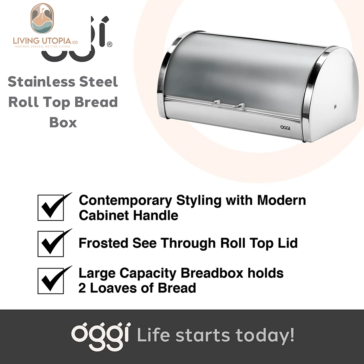Stainless Steel Roll Top Bread Box for Kitchen Countertop with Frosted Plexilass Lid - Fits Multiple Loaves of Bread and Other Freshly Baked Goods Including Cookies, Bagels, Muffins