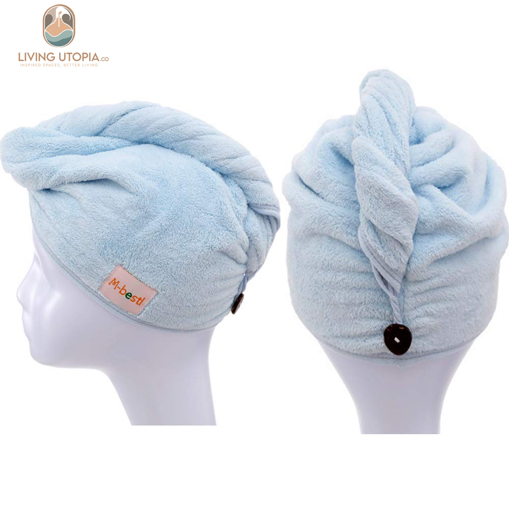 2 Pack Hair Drying Towels, Hair Towel Wrap,Absorbent Microfiber Hair Towel Turban with Button Design to Dry Hair More Quicker(Dark Gray& Blue)