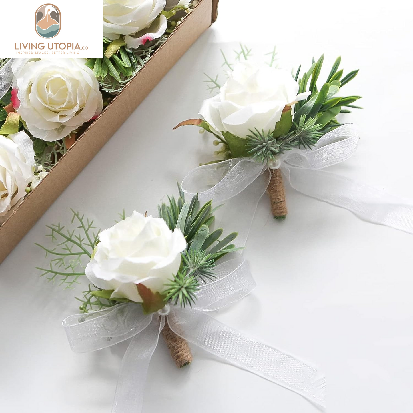 Set of 6 Ivory Rose Boutonnieres for Best Men Groom Groomsmen White Wedding Prom