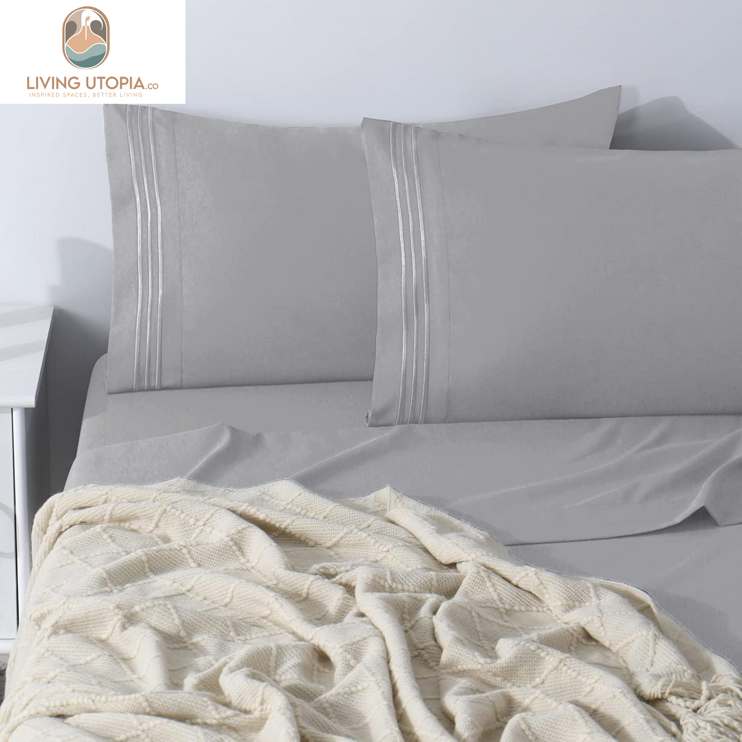 Full Bed Sheets Set 1800 Series 4-Piece Embroidered Double Brushed Microfiber Sheets 16" Deep Pocket Hotel Soft Luxury Bedding Sheet Set, Wrinkle Resistant, Light Grey/Gray