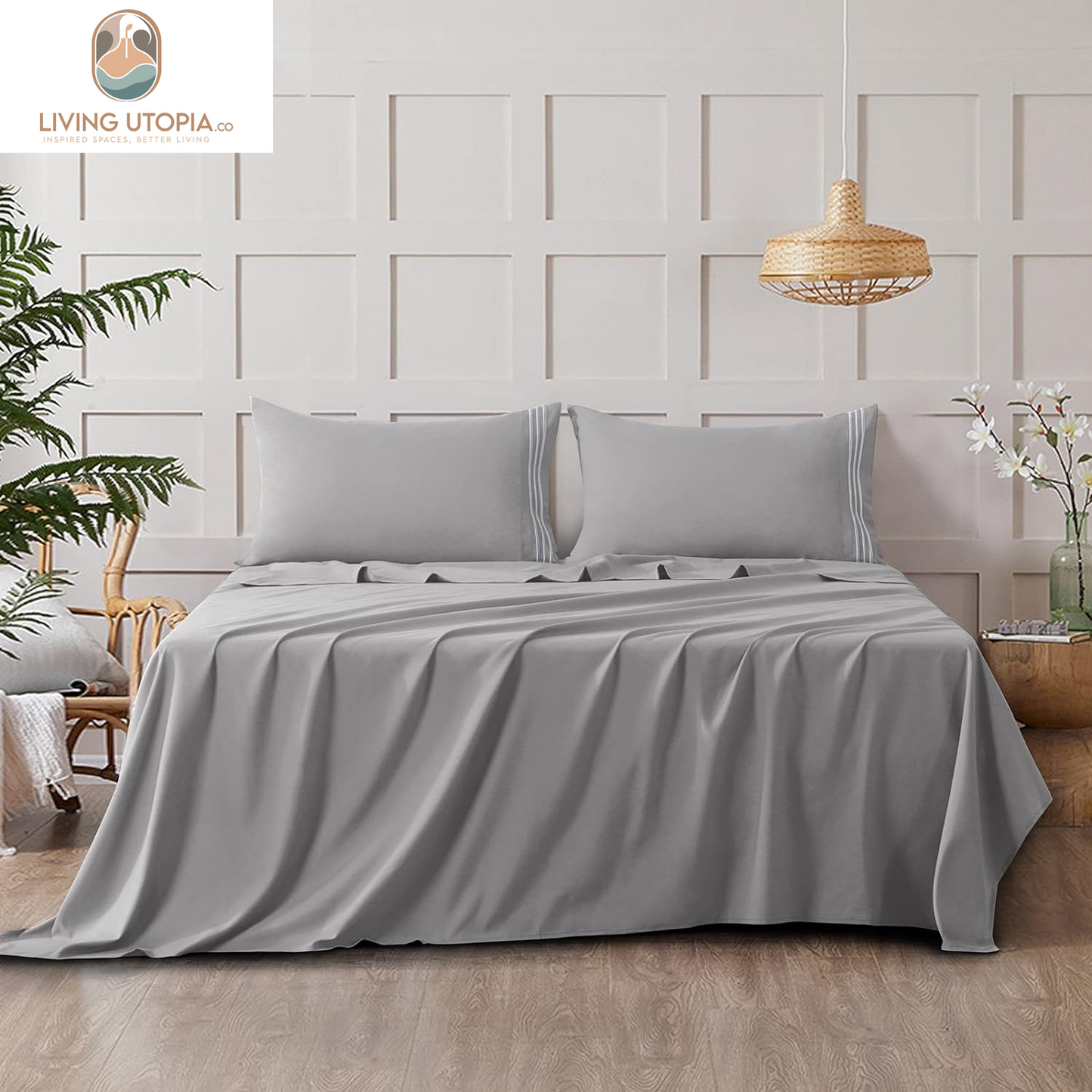 Full Bed Sheets Set 1800 Series 4-Piece Embroidered Double Brushed Microfiber Sheets 16" Deep Pocket Hotel Soft Luxury Bedding Sheet Set, Wrinkle Resistant, Light Grey/Gray