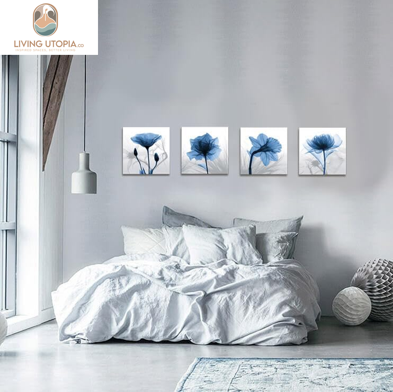 Wall Decorations for Living Room Decor - 4 Panel Elegant Tulip Flower Canvas Print Wall Art Paintings for Dining Room Wall Decor and Modern Framed Art Home Decor Size: 12X12Inchx4Pcs Blue Flower Print