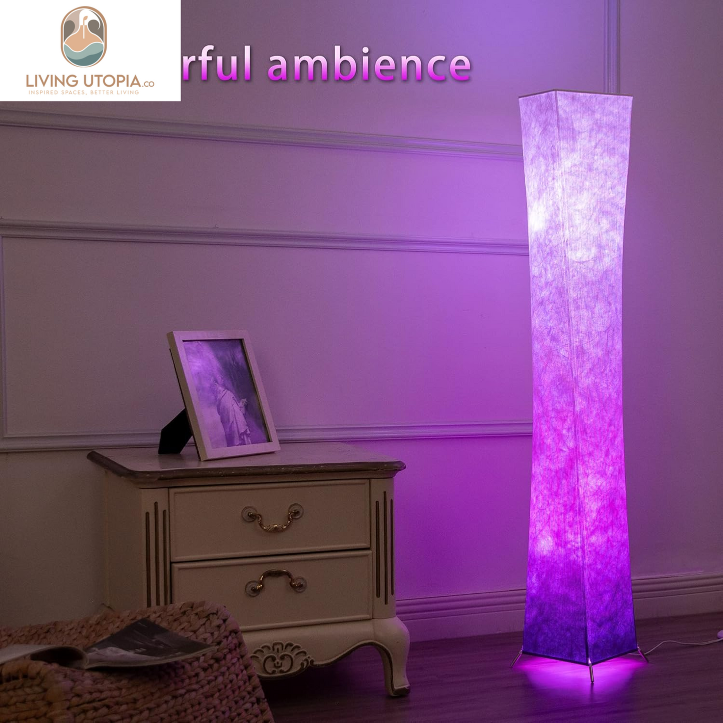 Floor Lamp, 52"(S) Standing Lamp, RGB Color Changing LED Bulbs, Adjustable Brightness Color Temperature, Purple Grandient Fabric Lampshade, for Living Room, Bedroom, Kids Room