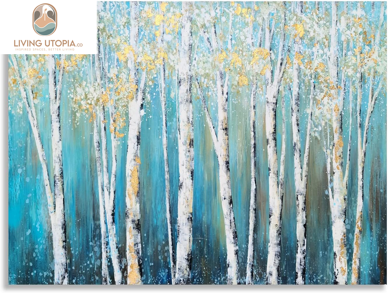 Birch Tree Canvas Wall Art Hand Painted Teal and White Color Painting with Gold Foil Modern Forest Pictures for Living Room Bedroom Office Decoration