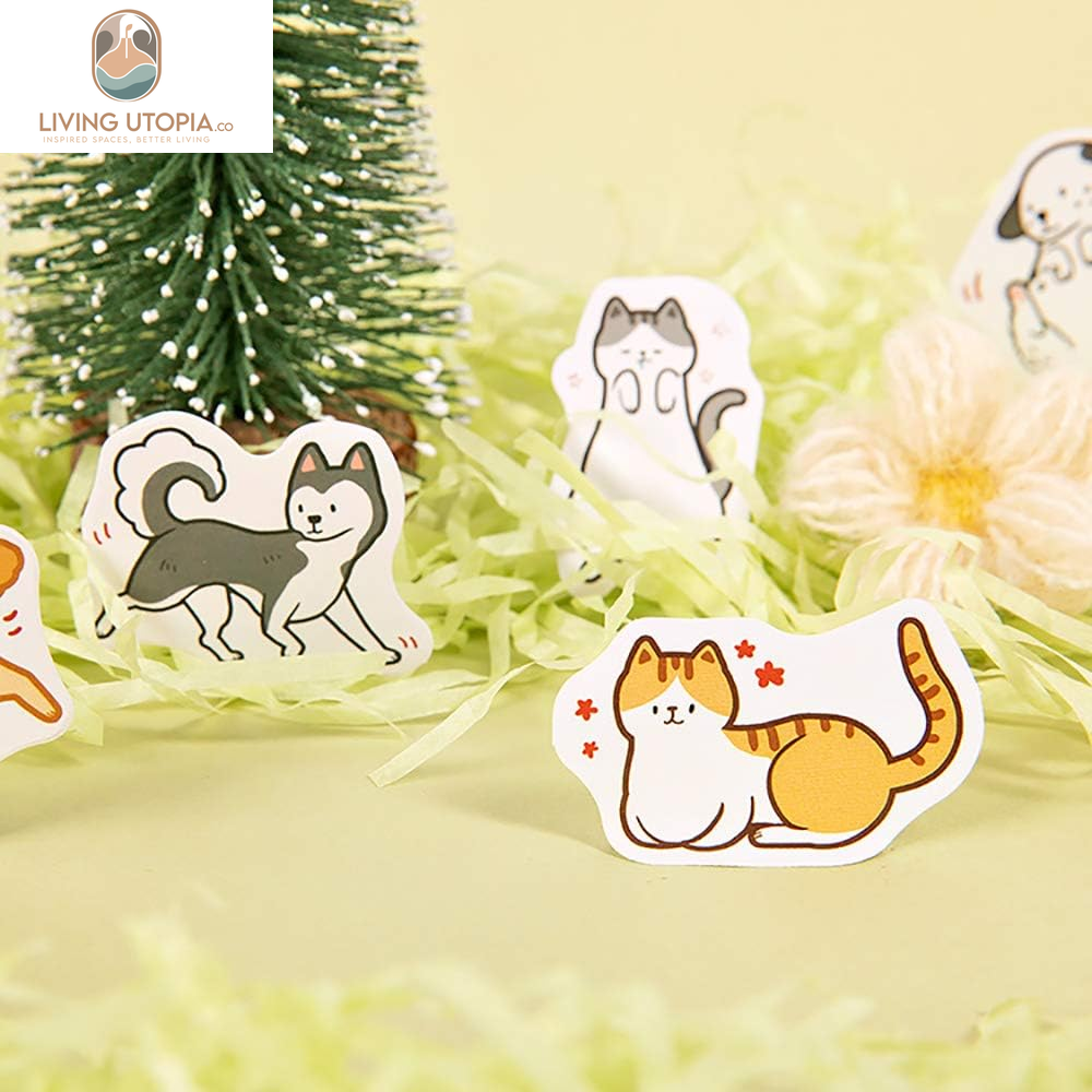 45PCS Cute Boxed DIY Cartoon Doggy and Cat Adhesive Paper Pets Shaped Stickers for Laptop Planners Scrapbook Cups Diary Notebooks Album Phone Case (Dog and Cat)