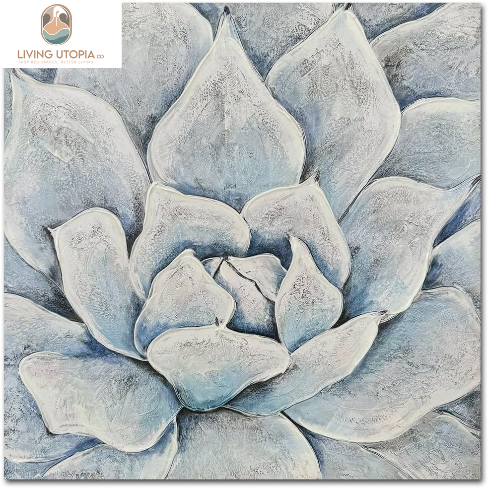 Blue White Succulent Textured Painting Floral Canvas Wall Art Flower Picture Elegant Wall Decor for Living Room Bathroom Bedroom