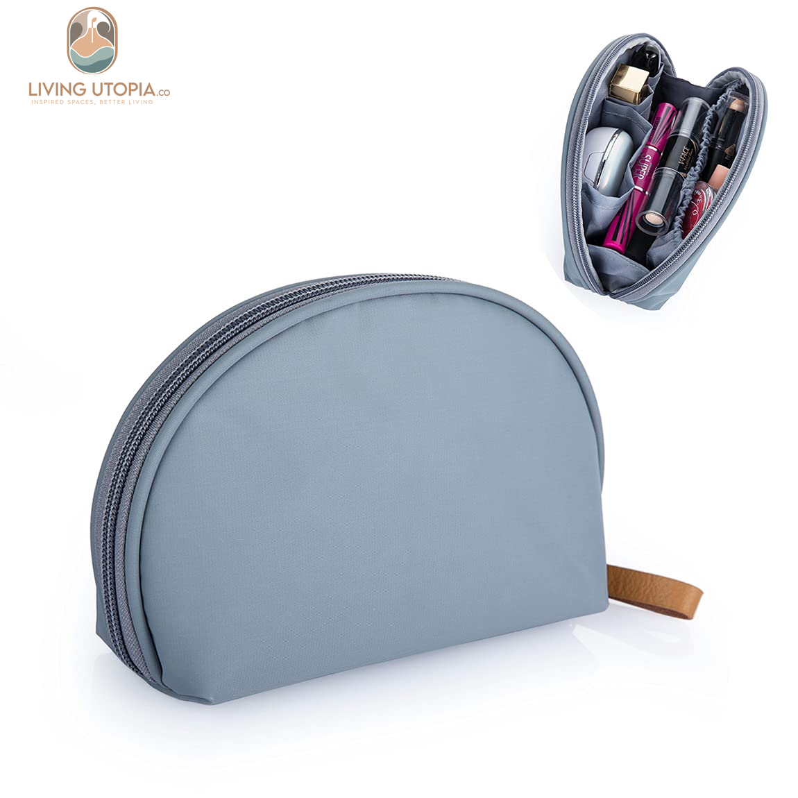 Half Moon Cosmetic Beauty Bag for Purse Travel Handy Makeup Pouch for Women Girls (Grey-Blue)