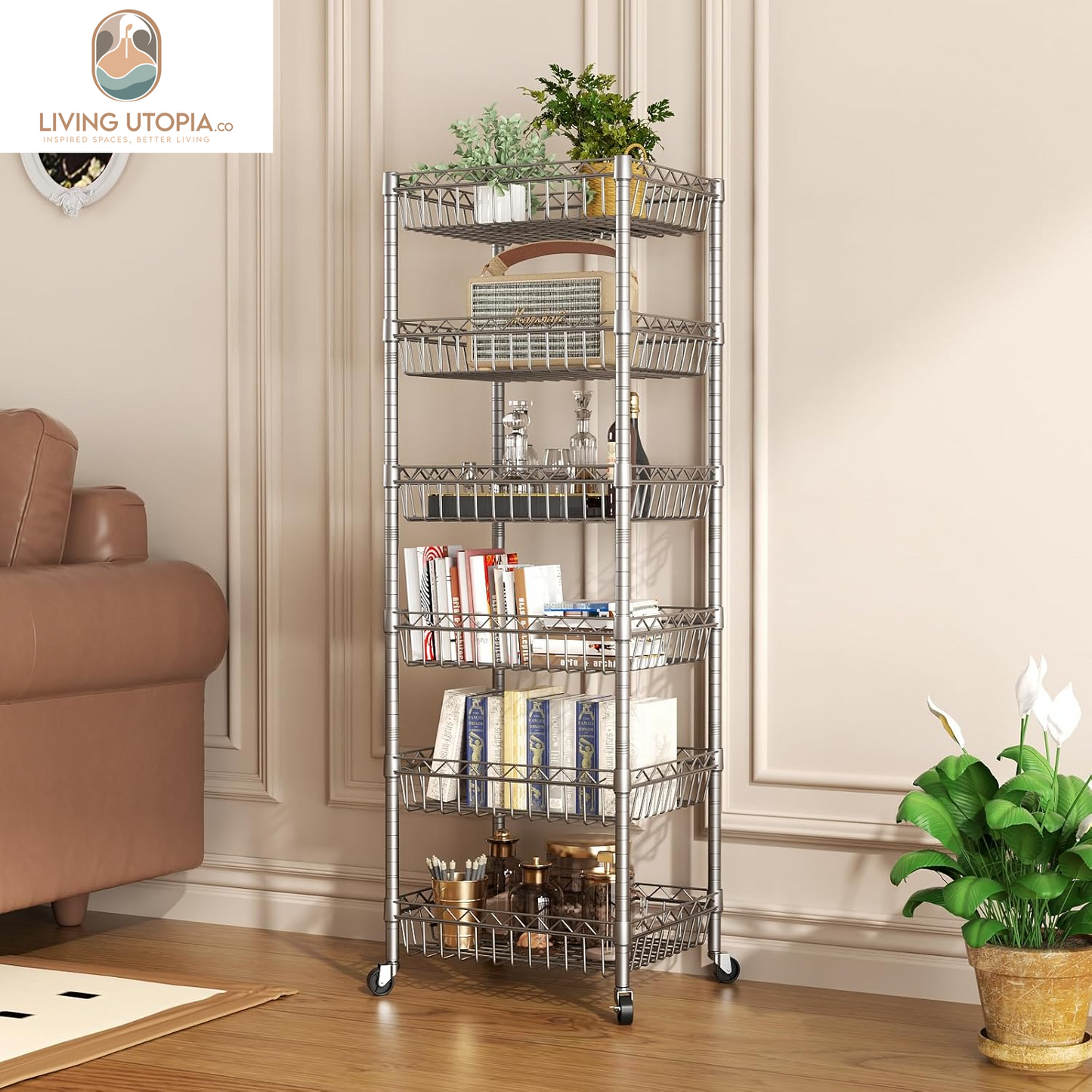 6 Tier Wire Shelving Unit with Baskets Storage Rack Corner Shelves Adjustable Shelf Closet Bathroom Organizers Metal Pantry Kitchen Garage Laundry Room 13.5" D X 13.5" W X 63" H Silver