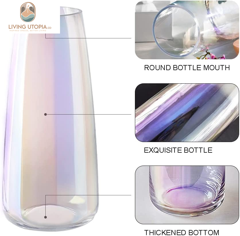 Glass Vase for Flowers Modern Vases Home Decor Unique Flower Vase for Bouquet 8.7" Centerpiece Vase Decor Room,Living Room,Library,Office,Table,Entryway,Modern Farmhouse(Iridescent Clear)