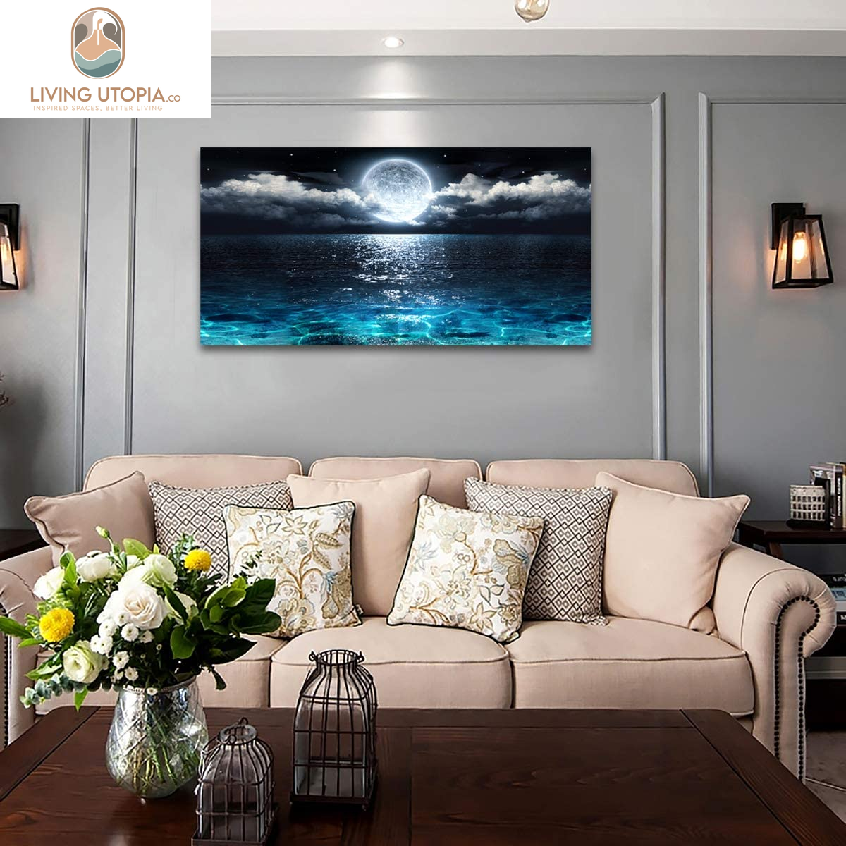 Wall Art Moon Sea Ocean Landscape Picture Canvas Wall Art Print Paintings Modern Artwork for Living Room Wall Decor and Home Décor Framed Ready to Hang,24X48Inches,1Inch Thick Frame,Waterproof Artwork