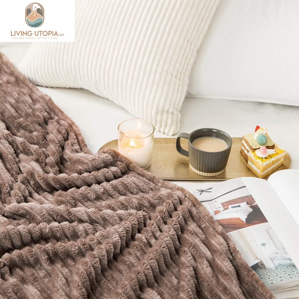 Fleece Throw Blanket for Couch 300GSM Super Soft Lightweight Plush Striped Blanket, Brown Warm Cozy Breathable Ribbed Flannel Blanket for Bed/Sofa, Twin Size 60"X80"