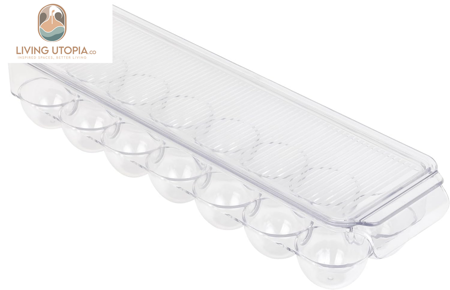 Stackable Refrigerator Egg Holder Bin with Handle and Lid - BPA Free Plastic - Fridge Drawer, Freezer Tray, Kitchen Pantry Storage Container Organizer - 14.65 X 3.25 Inch - Clear