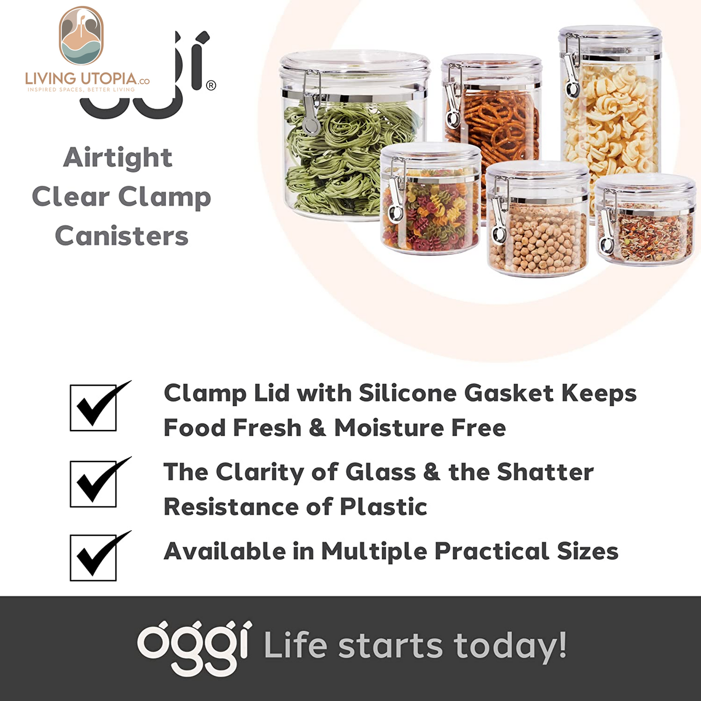 Jumbo Clear Canister with Clamp Lid, 150 Oz - Airtight Food Storage Container, for Kitchen & Pantry Storage of Bulk, Dry Foods Including Pasta, Flour, Sugar, Coffee, Rice, Tea, Spices & Herbs