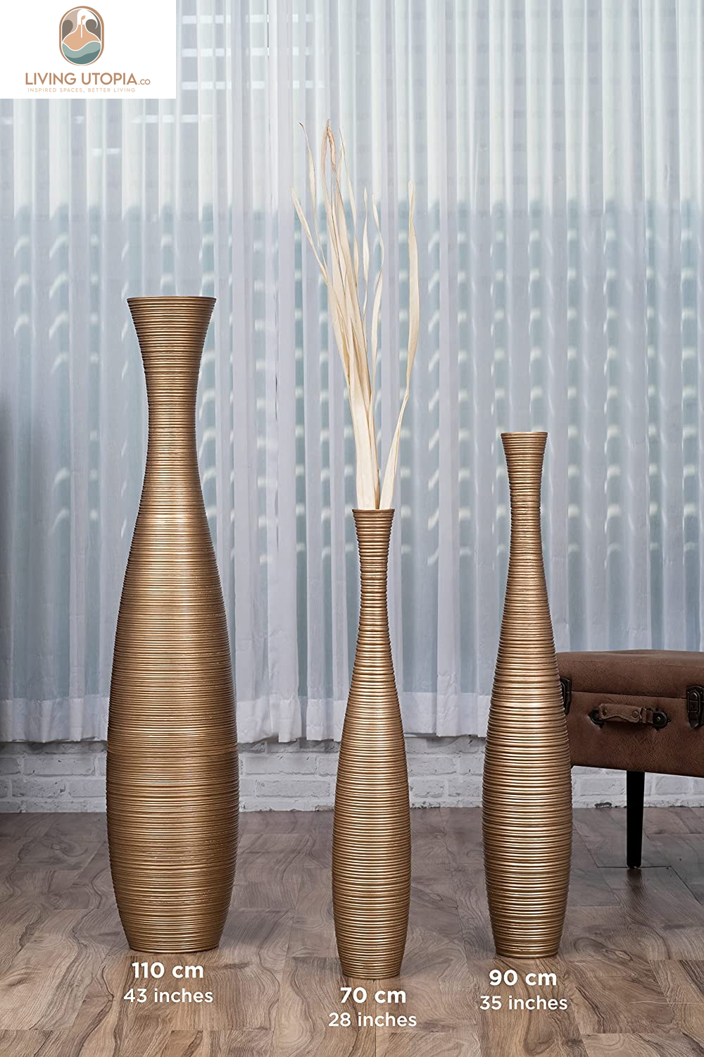 Large Floor Vase – Handmade Flower Holder Made of Wood, Sophisticated Tall Vase for Decorative Branches, Pampas Grass and Dried Flowers, 28 Inches, Gold