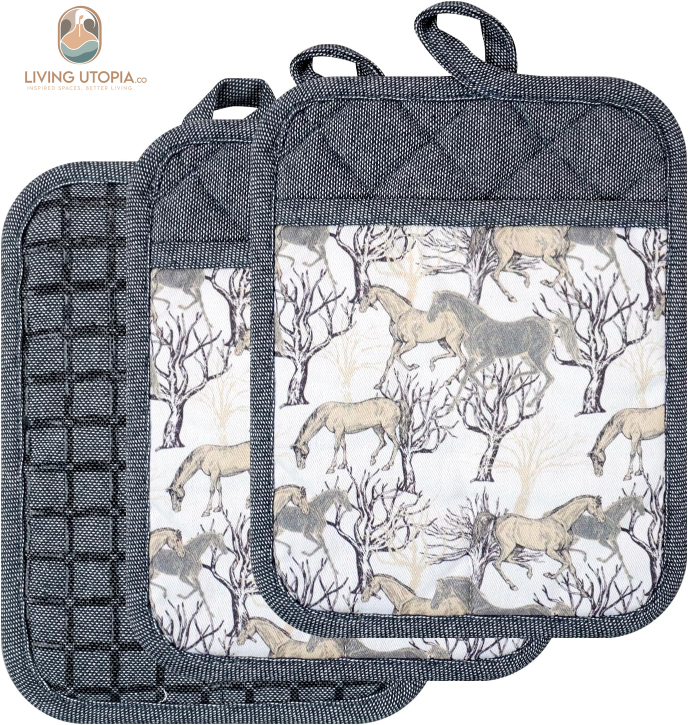 Pot Holders Set of 3 Silicone Printing Non Slip Heat Resistant, Yarm-Dyed Hot Pads Cotton Home Kitchen Cooking Barbecue Microwave Women Men Machine Washable BBQ Grilling. (Gray Potholders)