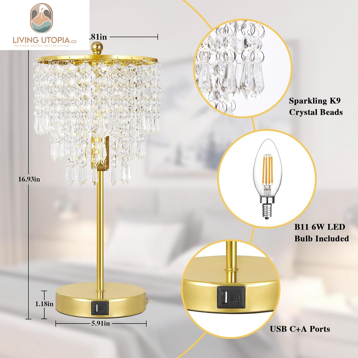 Touch Control Crystal Table Lamp with USB C+A Ports, 3-Way Dimmable Gold Lamp, Bedside Light with Crystal Shade, Girls Lamp for Bedroom, Living Room, Teens Room, Dresser, 6W LED Bulb Included