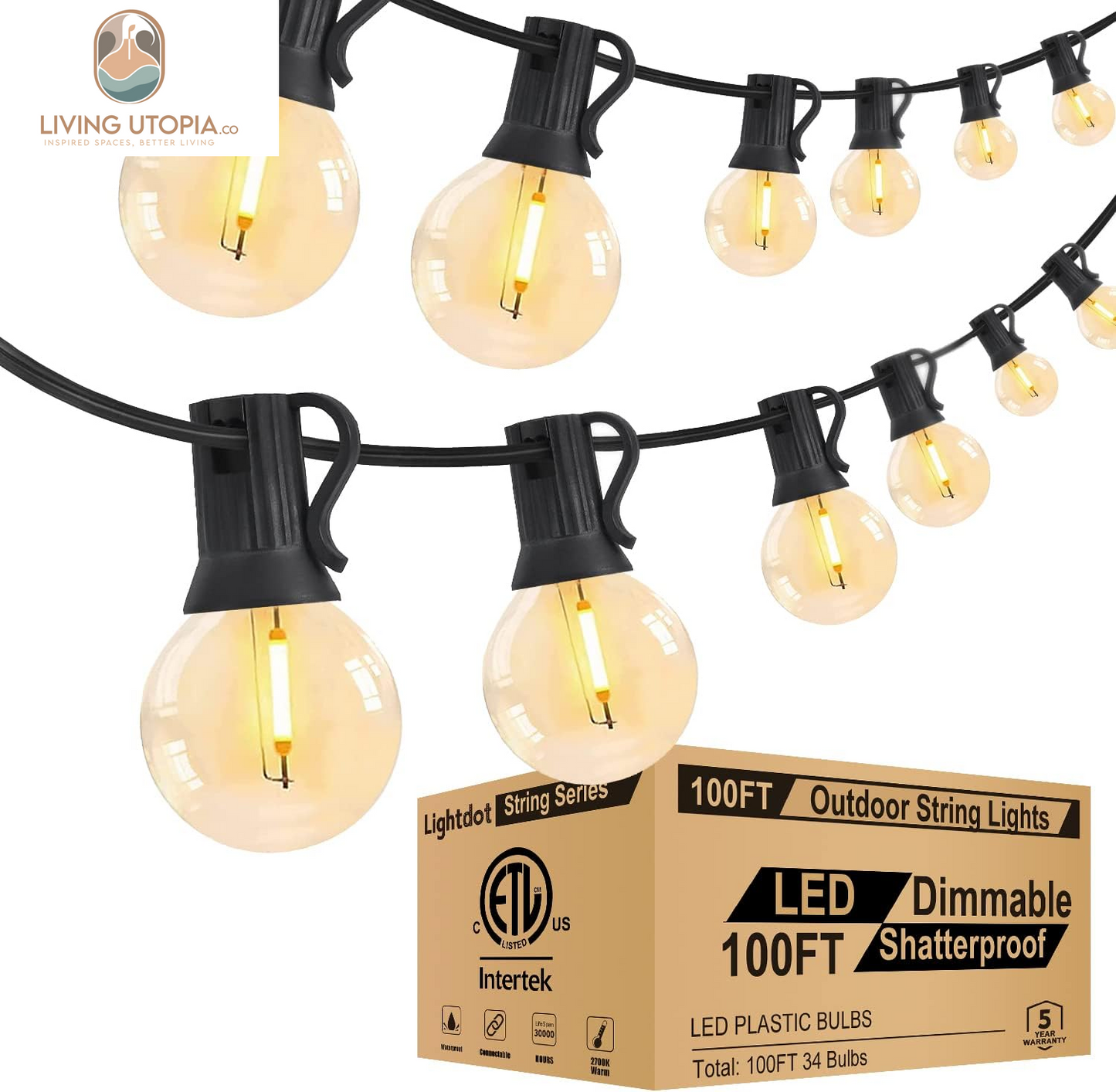 100FT Outdoor String Lights, LED Bistro String Lights with Shatterproof G40 Vintage Bulbs, 2200K Dimmable, Waterproof Hanging Lights for Porch, Deck, Garden, Backyard, Balcony - ETL Listed