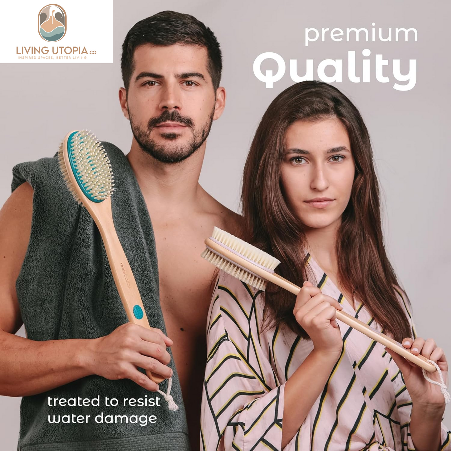 Back Scrubber for Shower – Long Handle Dual-Sided Brush for Body Wash & Scrubbing with Exfoliating & Soft Bristles (Teal, Wood)